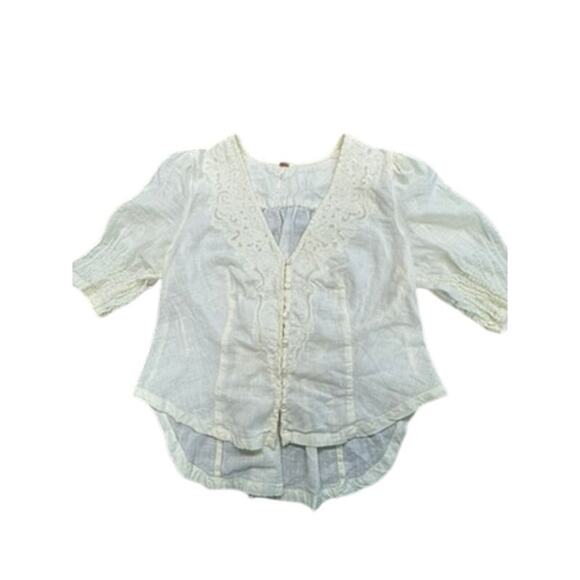 "FREE PEOPLE" Embroidered Runched Detail Elastic Back B/U Top SZ S Puff Sleeve - Picture 3 of 11
